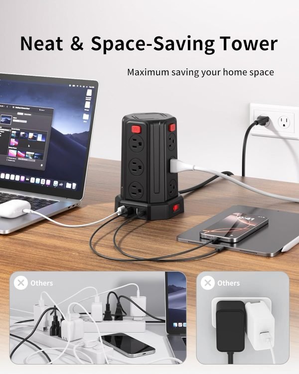Power Strip Surge Protector, 10 Ft Extension Cord with 12 AC Multiple Outlets 4 USB (1 USB C), SMALLRT Power Tower Desktop Charging Station (Black, 6.5 FT)