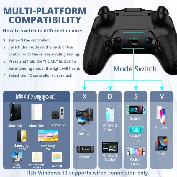 Kujian Wireless Gaming Controller for PC, Switch, Steam, Luna, Android, iOS – Bluetooth Game Controller with Turbo Button, LED Backlight, Dual Vibration, 6-Axis Gyroscope (Blue)