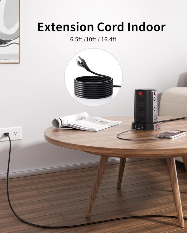 Power Strip Surge Protector, 10 Ft Extension Cord with 12 AC Multiple Outlets 4 USB (1 USB C), SMALLRT Power Tower Desktop Charging Station (Black, 6.5 FT)