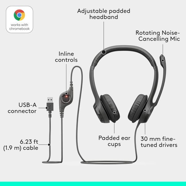 Logitech H390 Gaming Headphones, Wired Headphones with Mic, USB Headset with Microphone for PC, Noise Cancelling Microphone for Video Meetings, Music, Gaming - Black
