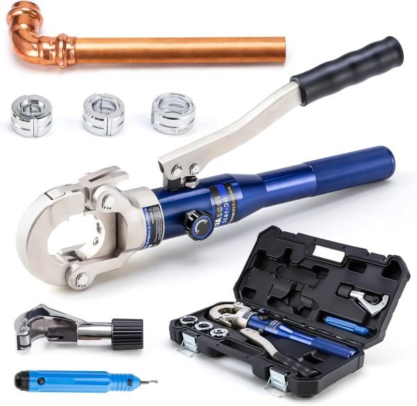 IBOSAD Copper Tube Fittings Hydraulic Pipe Crimping Tool with 1/2",3/4" and 1" Jaw Copper Pipe Press Crimper Pressing Pliers, with Pipe Cutter