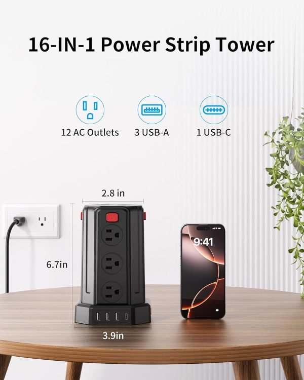 Power Strip Surge Protector, 10 Ft Extension Cord with 12 AC Multiple Outlets 4 USB (1 USB C), SMALLRT Power Tower Desktop Charging Station (Black, 6.5 FT)