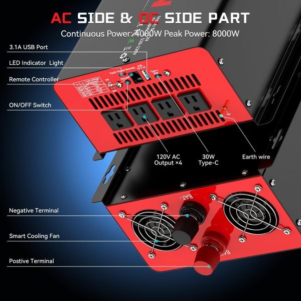 4000 Watt Power Inverter 12V DC to 110V AC Car Inverter with 4 AC Outlets, 30W Type-C Port, 3.1A USB Port, Remote Controller on LCD Screen, Peak 8000W Car Converter for Truck,Vehicles,Trip