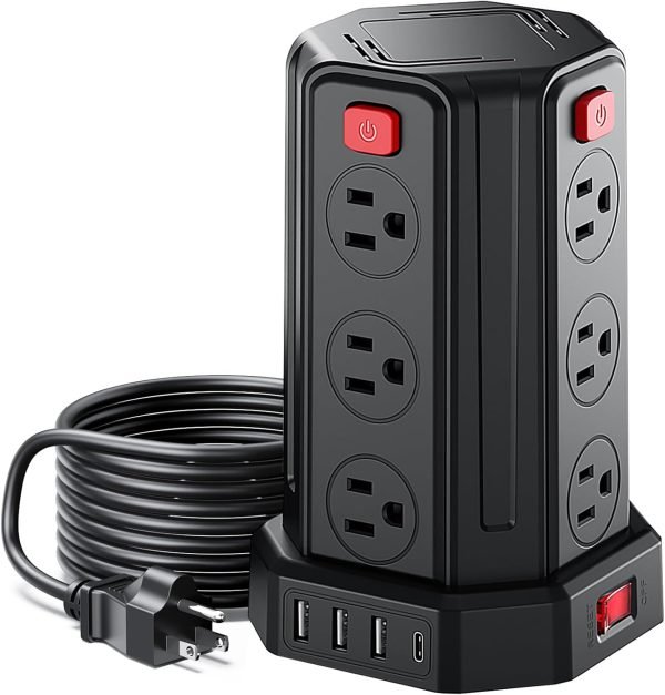 Power Strip Surge Protector, 10 Ft Extension Cord with 12 AC Multiple Outlets 4 USB (1 USB C), SMALLRT Power Tower Desktop Charging Station (Black, 6.5 FT)