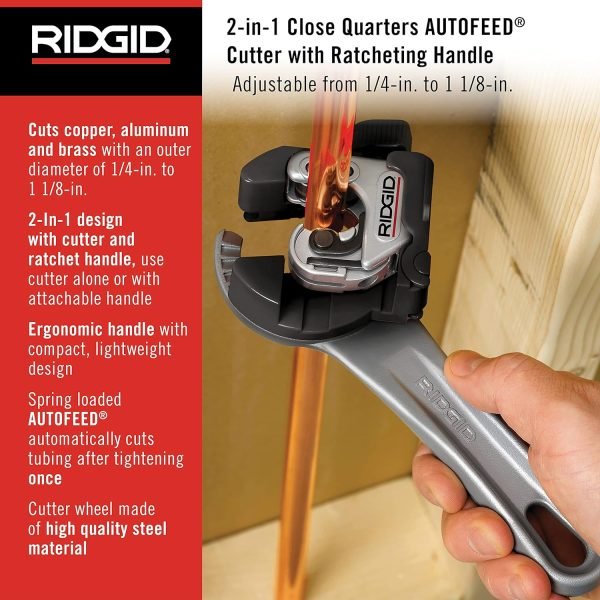 RIDGID 32573 Model 118 2-in-1 Close Quarters AUTOFEED 1/4" to 1-1/8" Metal Tubing Compact Cutter, Silver/Black
